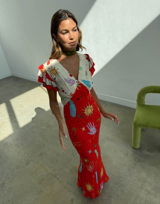 Never Fully Dressed - Vestido midi con estampado celestial, mangas acampanadas y cuello de pico de satén, 3 de 4