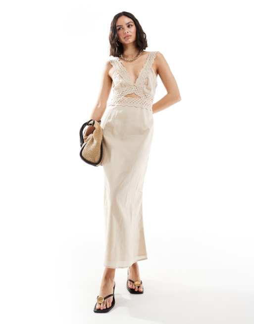 Never Fully Dressed - Vestito con gonna al polpaccio in lino crema con cut-out e dettagli in pizzo