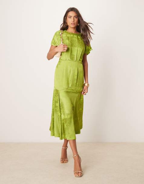 Never Fully Dressed - Vestito con gonna al polpaccio in raso verde goffrato - view 1