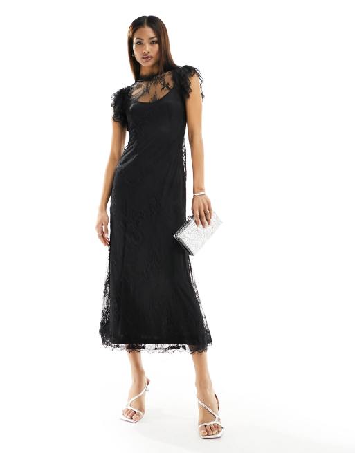 Never Fully Dressed - Vestito con gonna al polpaccio nero con manica con volant in pizzo trasparente