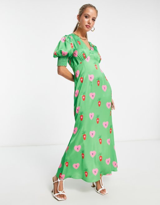 Never Fully Dressed - Vestito con gonna al polpaccio verde con stampa a cuori e maniche a sbuffo