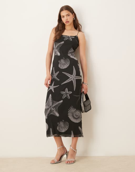 Never Fully Dressed - Vestito con spalline sottili nero in rete con stampa di conchiglie, 2 di 4