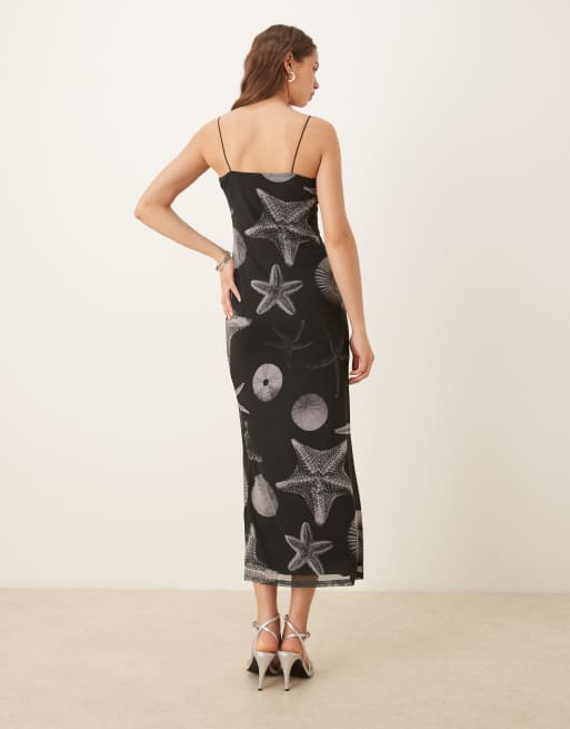 Never Fully Dressed - Vestito con spalline sottili nero in rete con stampa di conchiglie, 3 di 4