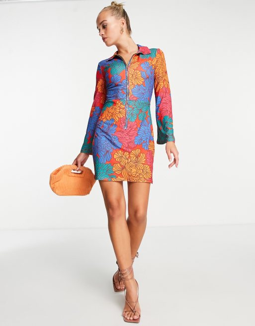 Never Fully Dressed - Vestito corto con maniche svasate e zip con stampa a fiori astratti vivace