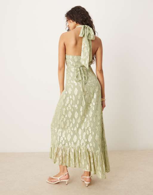 Never Fully Dressed - Vestito lungo allacciato al collo color salvia metallizzato, 3 di 4