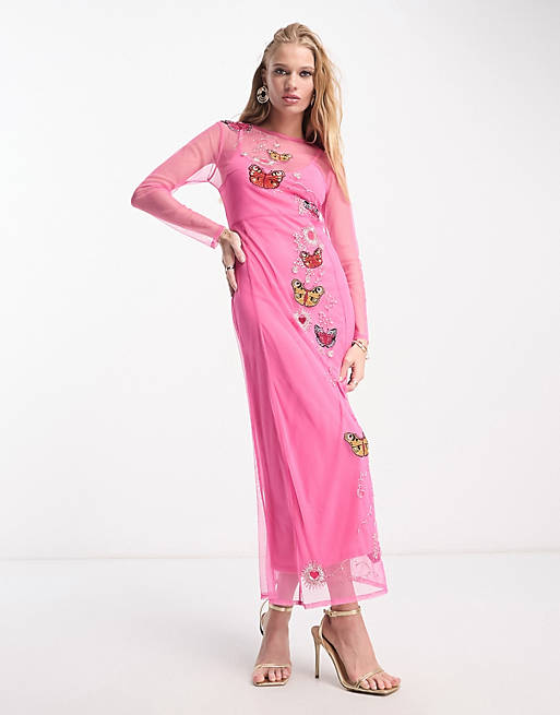 Never Fully Dressed - Vestito lungo con maniche lunghe rosa decorato con farfalle