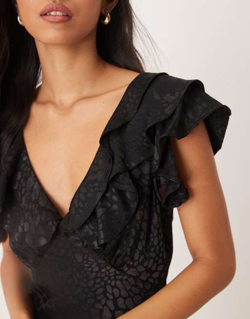 Never Fully Dressed - Vestito lungo nero in jacquard animalier con volant e scollo a V, 2 di 4