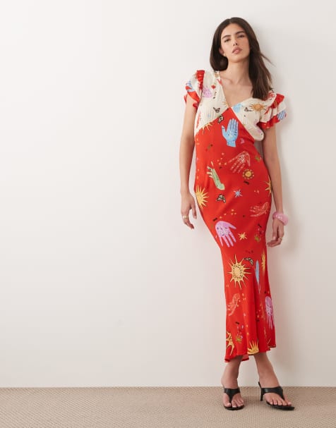 Never Fully Dressed - Vestito midi in raso con scollo a V e maniche con volant con stampa celestiale - view 1