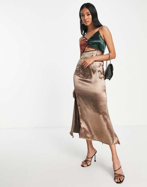 Never Fully Dressed - Vestito sottoveste midi color block color bronzo con cut-out