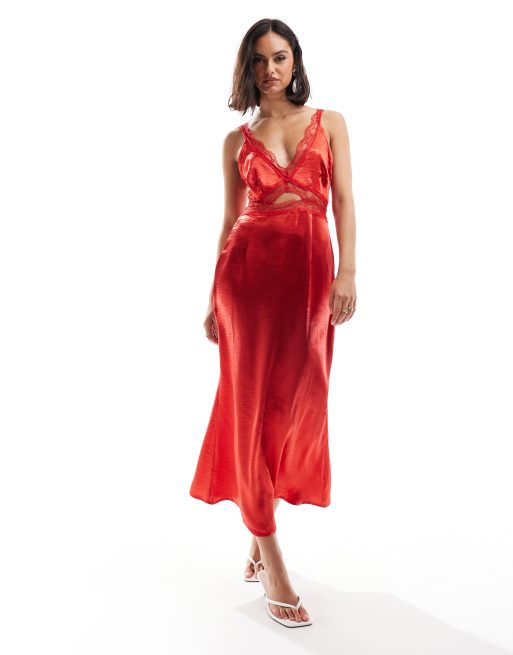Never Fully Dressed - Vestito sottoveste rosso con cut-out, gonna al polpaccio e dettagli in pizzo