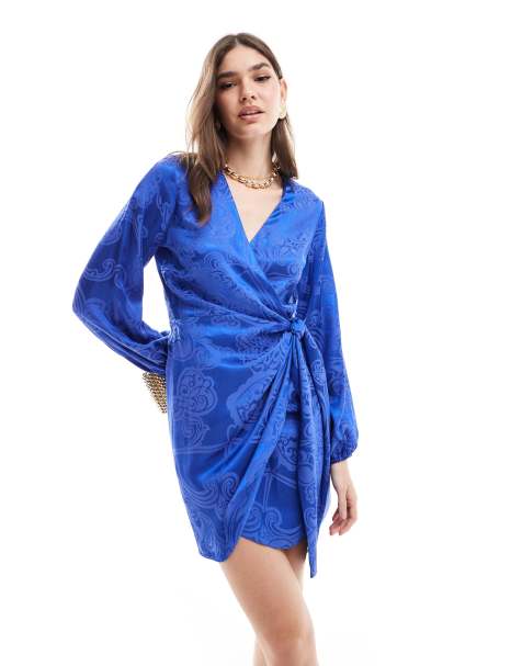 Never Fully Dressed Vienna satin jacquard wrap mini dress in cobalt - view 1
