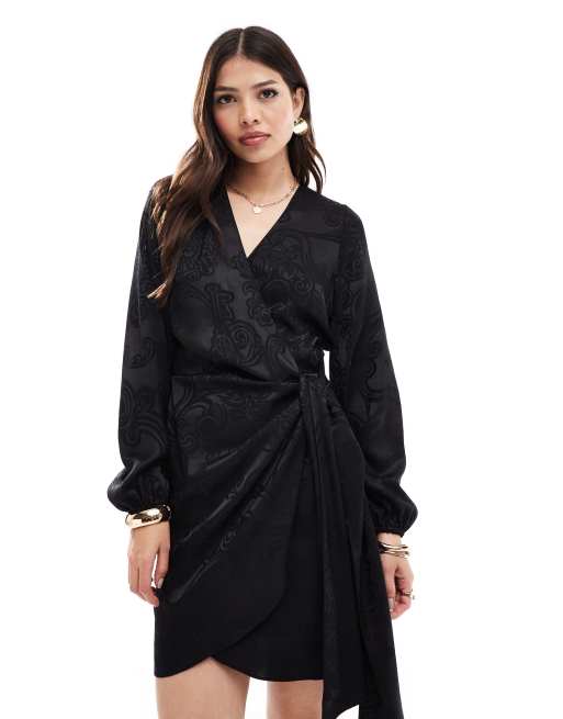 Black satin wrap mini dress online