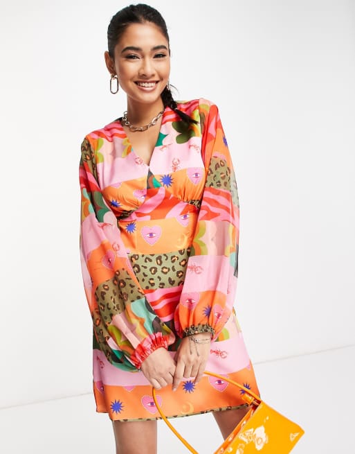 Never Fully Dressed volume sleeve panel mini dress in contrast prints, 2 of 4