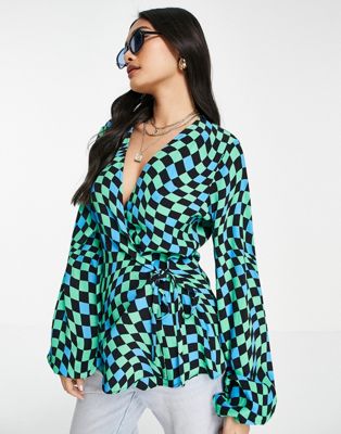 Never Fully Dressed warped checkerboard wrap top co-ord in multi