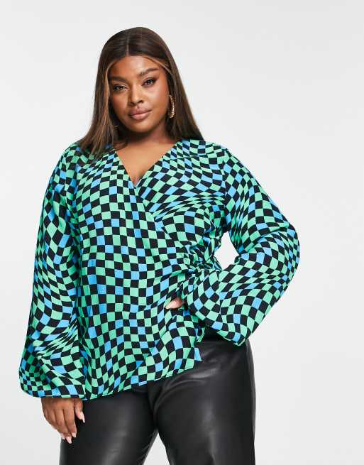 Never Fully Dressed warped checkerboard wrap top co-ord in multi