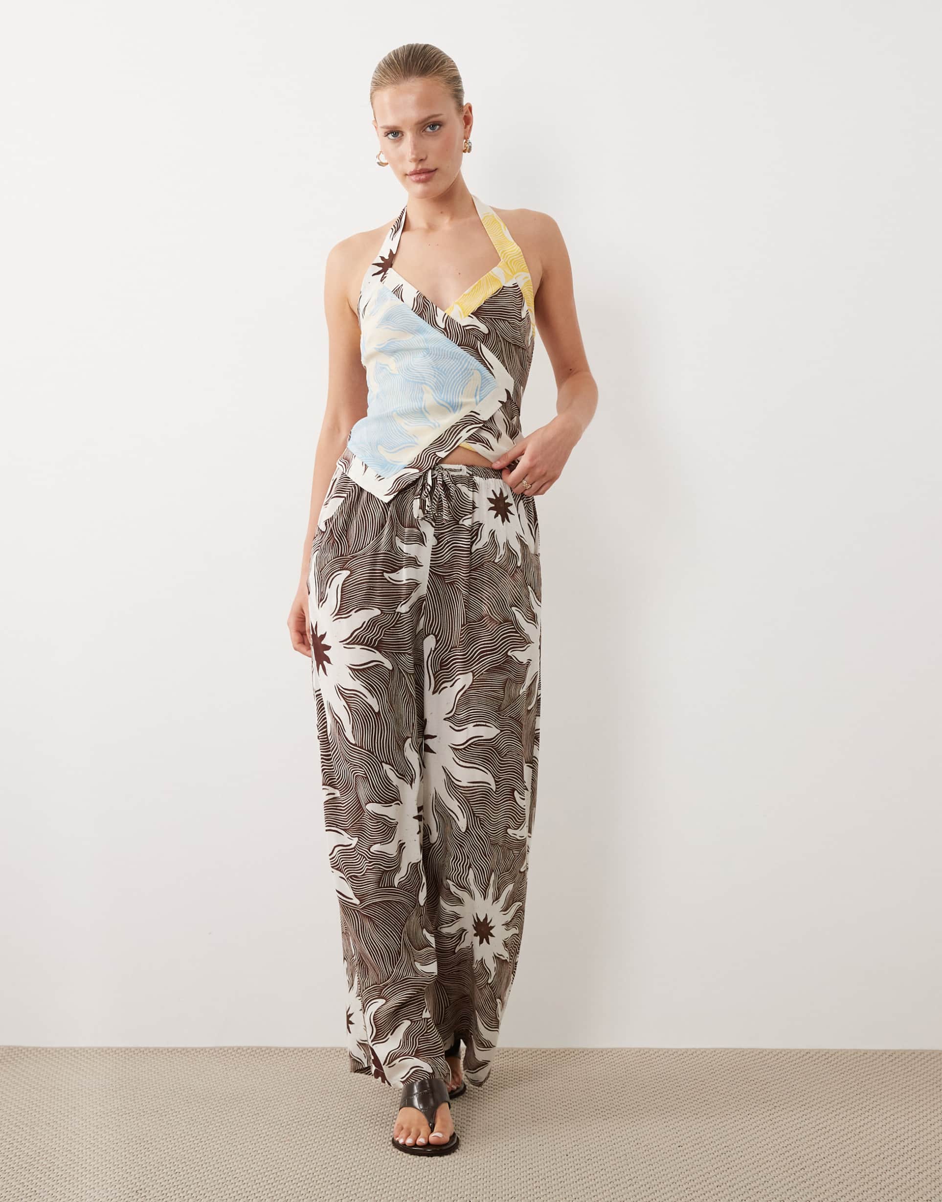 never fully dressed wide leg drawstring pants in brown soleil print - part of a set