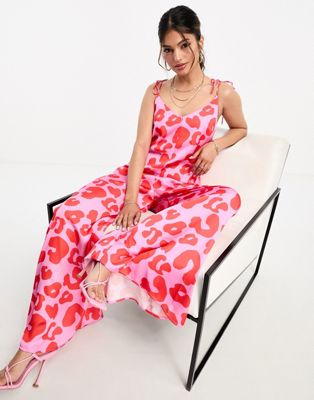 Never Fully Dressed wide leg jumpsuit in pink and red leopard