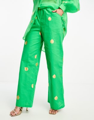 Never Fully Dressed Wide Leg Pants In Green Metallic Shell - Part Of A Set