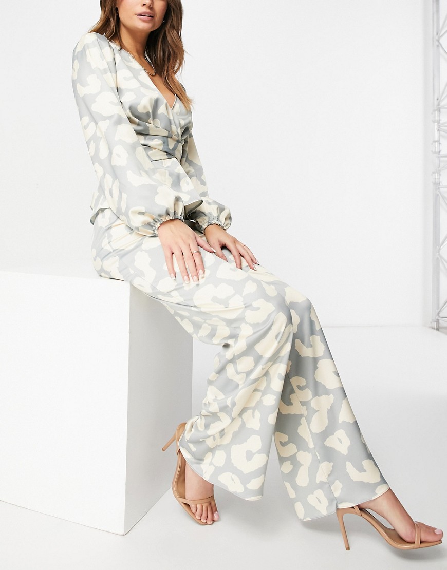 Never Fully Dressed wide leg satin pant in neutral leopard print - part of a set-Multi