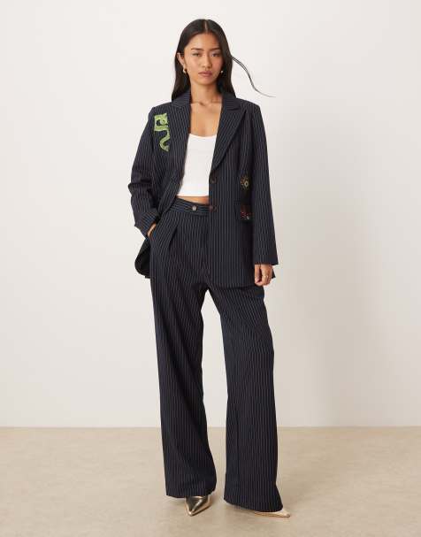 Never Fully Dressed wide leg tailored pants in navy pinstripe (part of a set) - view 1