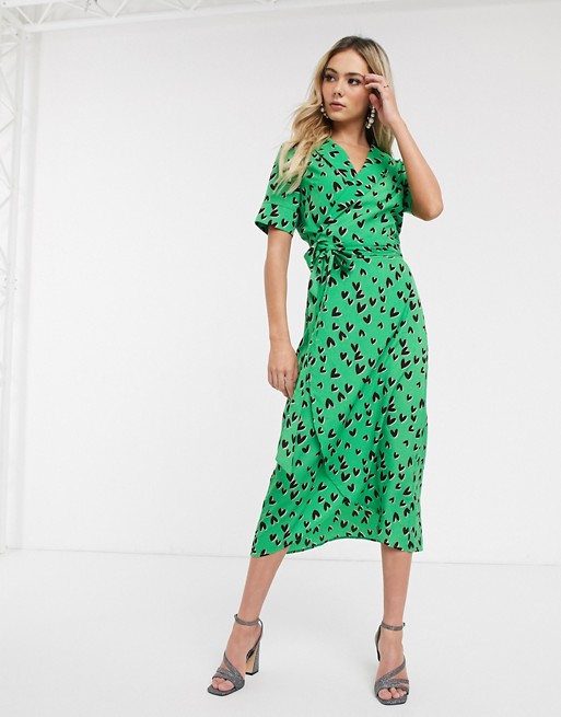 Never Fully Dressed wrap front maxi dress with high thigh split in green heart print | ASOS