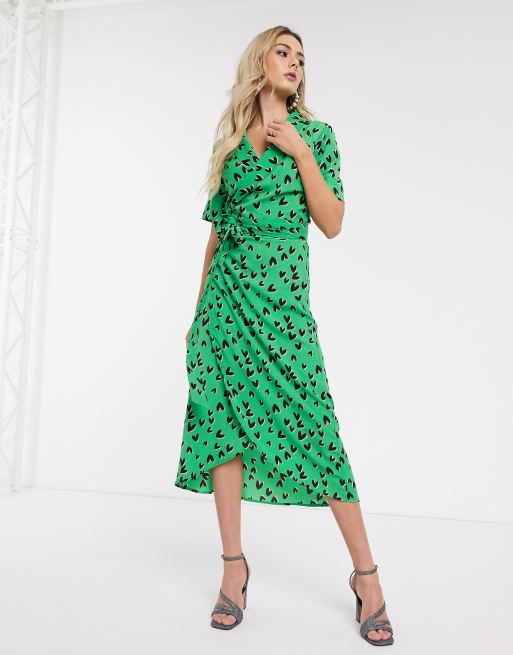 Never Fully Dressed wrap front maxi dress with high thigh split in green  heart print