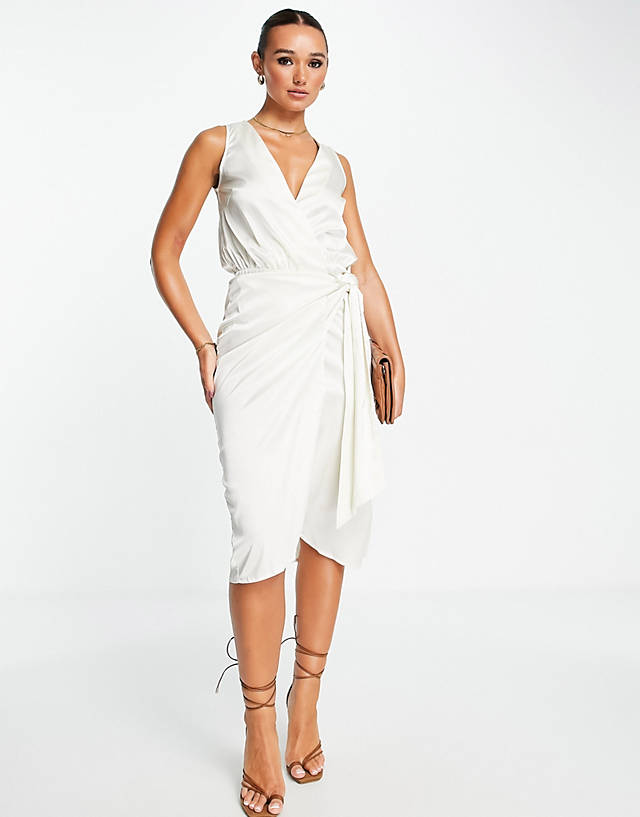 Never Fully Dressed - wrap front satin midi dress in oyster