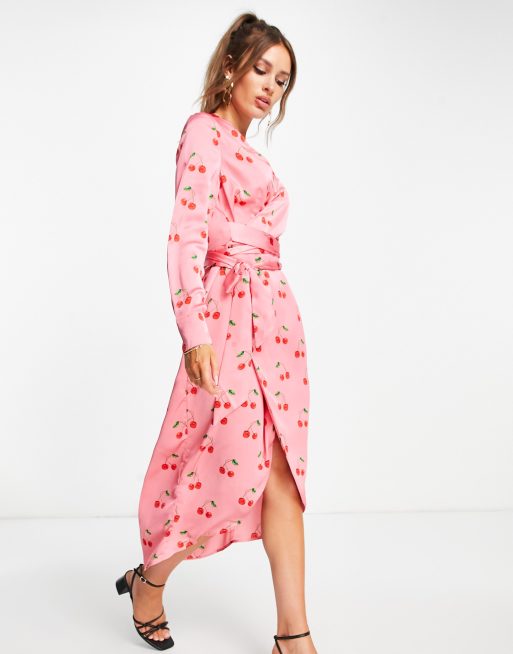 Never Fully Dressed wrap midi dress in pink cherry print