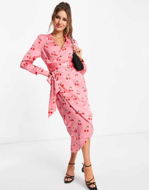 Cherry print wrap store dress