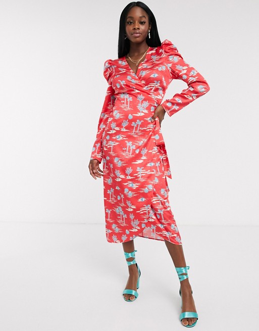 Never Fully Dressed wrap midi dress with puff sleeve detail in red palm print