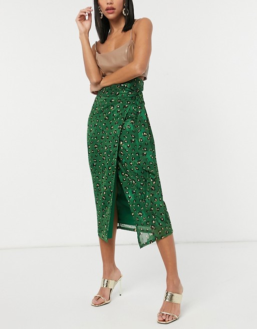 Never Fully Dressed wrap midi skirt co-ord in green leopard print