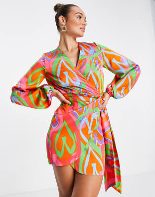 Never Fully Dressed wrap mini dress in abstract heart print | ASOS