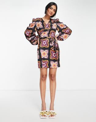 Never Fully Dressed wrap mini dress in geo floral print - ASOS Price Checker