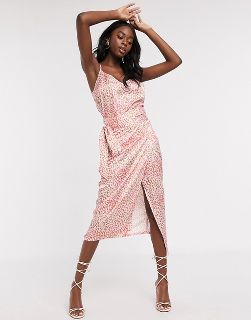 Never Fully Dressed wrap satin midi skirt in pink leopard print