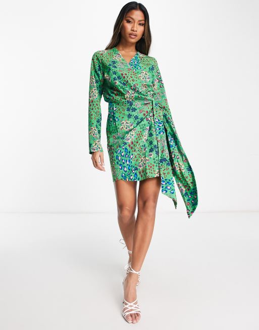 Never Fully Dressed wrap tie mini dress in emerald leopard | ASOS