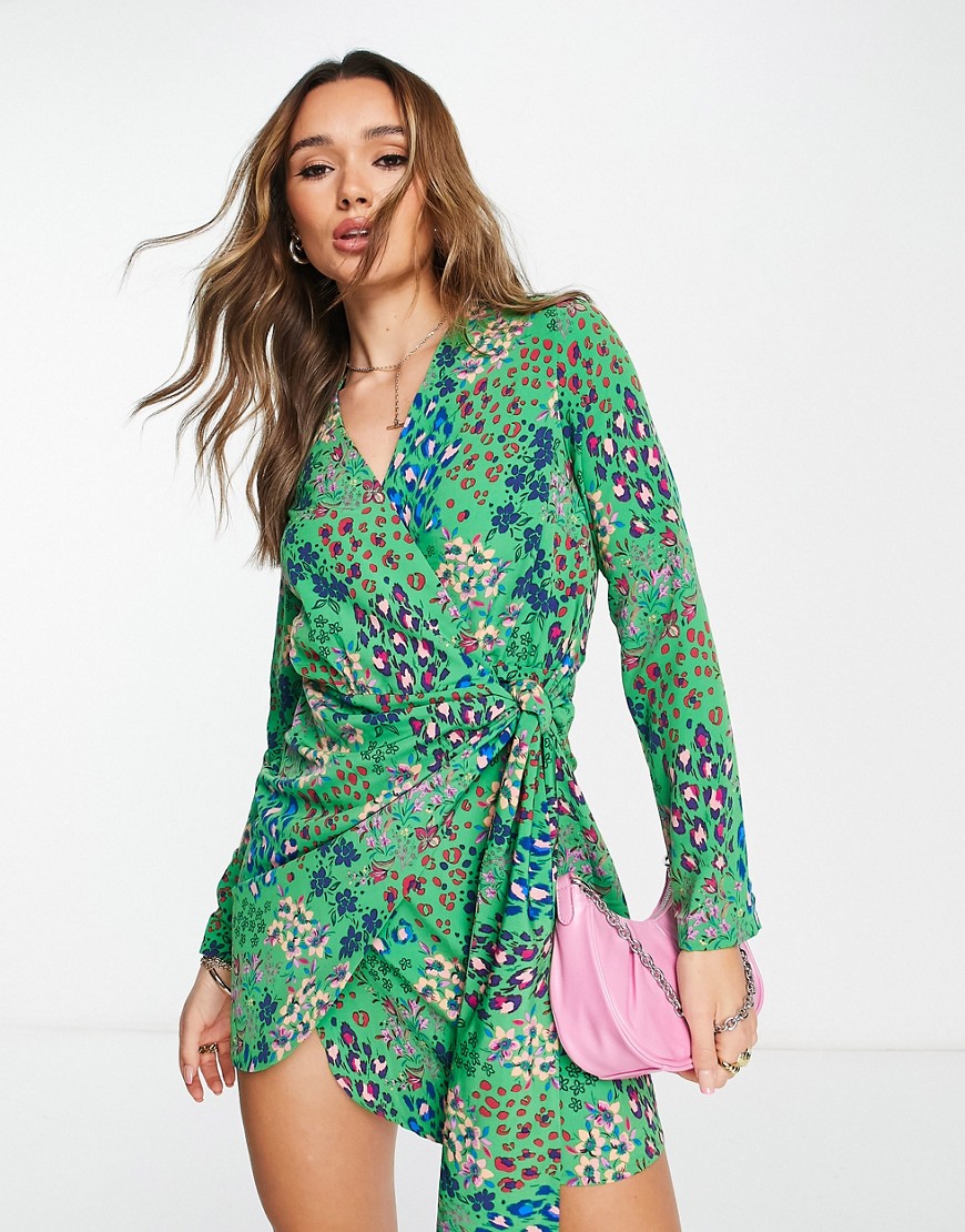Never Fully Dressed Wrap Tie Mini Dress In Emerald Leopard-green