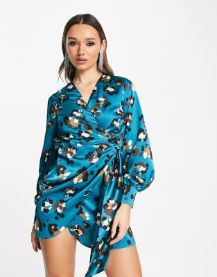 wrap tie mini dress in teal leopard-Green