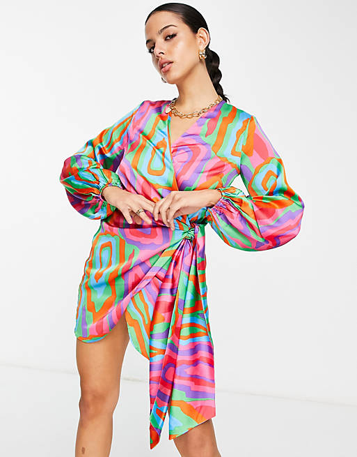 Never Fully Dressed wrap tie shirt mini dress in bright abstract | ASOS