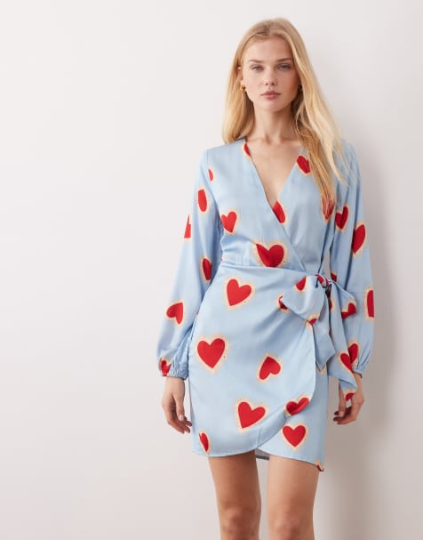Never Fully Dressed wrap tie side balloon sleeve mini dress in baby blue heart print - view 1