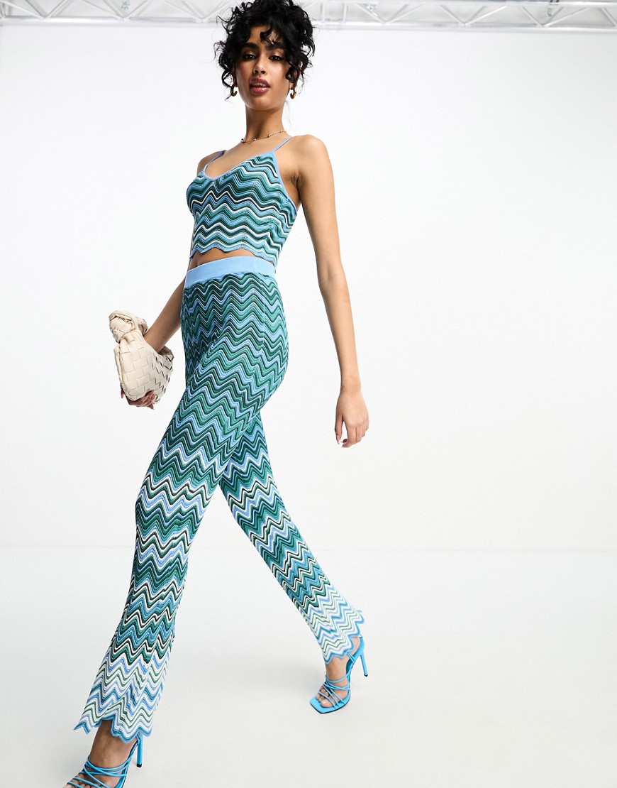 Never Fully Dressed zig zag flared knit trouser co-ord in teal ombre-Blue