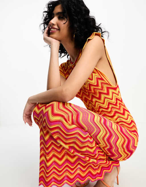 Never Fully Dressed zig zag knitted midaxi dress in red