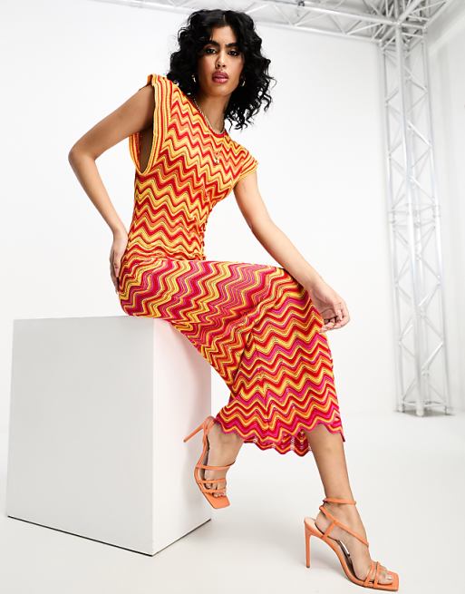 Never Fully Dressed zig zag knitted midaxi dress in red Never Fully Dressed zig zag knitted midaxi dress in red
