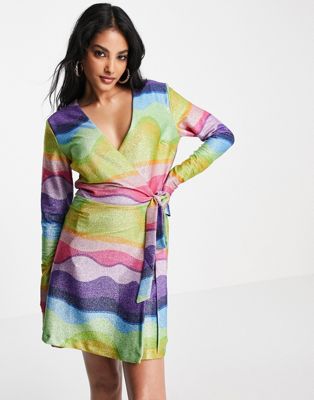 Never Fully Dressed Zsa Zsa sparkly rainbow wrap mini dress in multi - ASOS Price Checker
