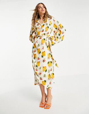 Never Fully Dressed Zsa Zsa printed wrap dress in cream - ASOS Price Checker