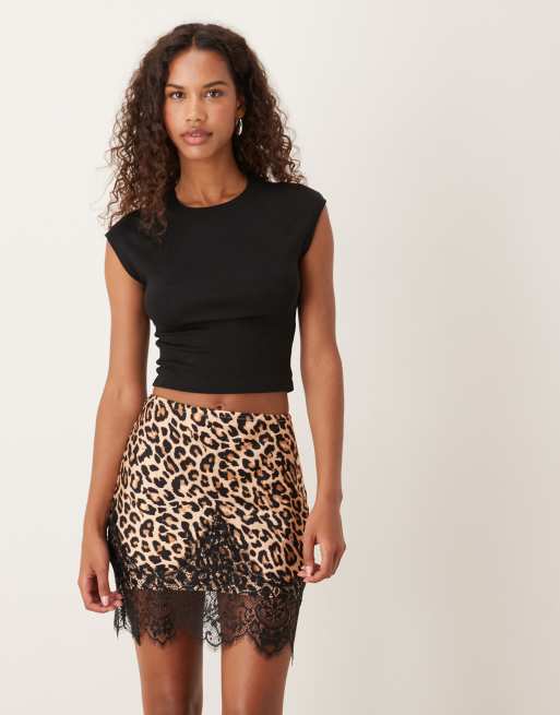 Never Fully Dresses satin mini skirt with lace trim hem in leopard print
