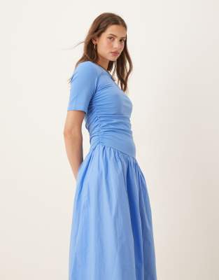NeverFully Dressed cotton poplin dropped hem maxi dress in cobalt-White