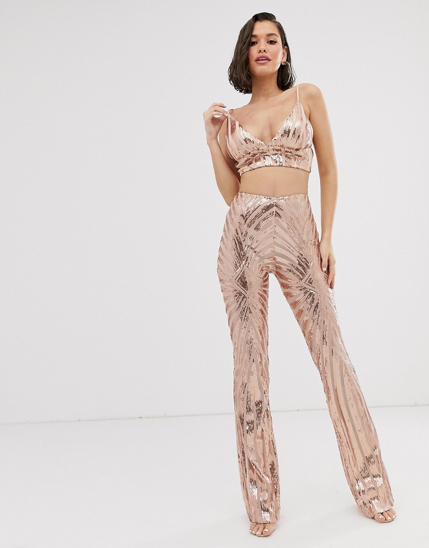New Age Rebel sequin embellished cropped top and flared trouser set-Gold