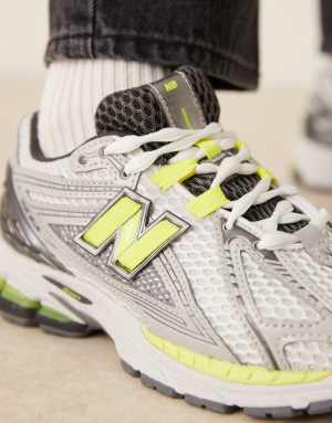 New Balance 1906 unisex trainers in silver metallic and neon yellow