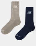 [New Balance] New Balance 2 pack ribbed crew socks in navy and light brown-Multi M MULTI