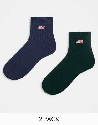 New Balance - 2er-Pack mittelhohe Socken in Grün/Blau aus Waffelstrick mit Logostickerei-Bunt